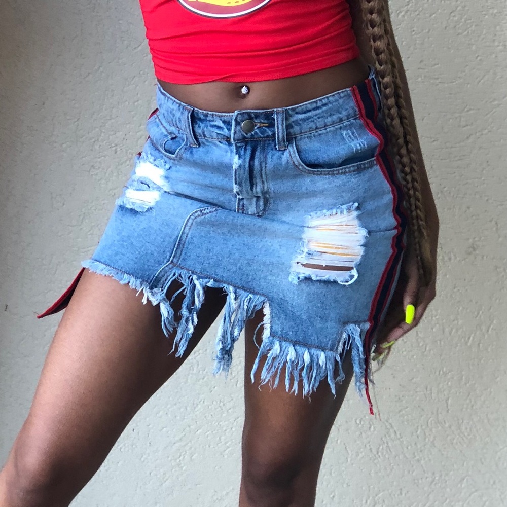Distressed denim skirt